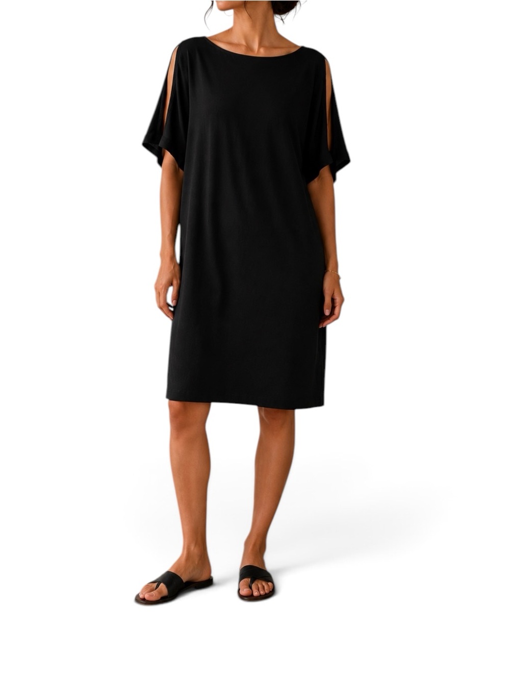 Eileen Fisher Black Split Sleeve Jersey Dress Size Small Petite Draped Midi